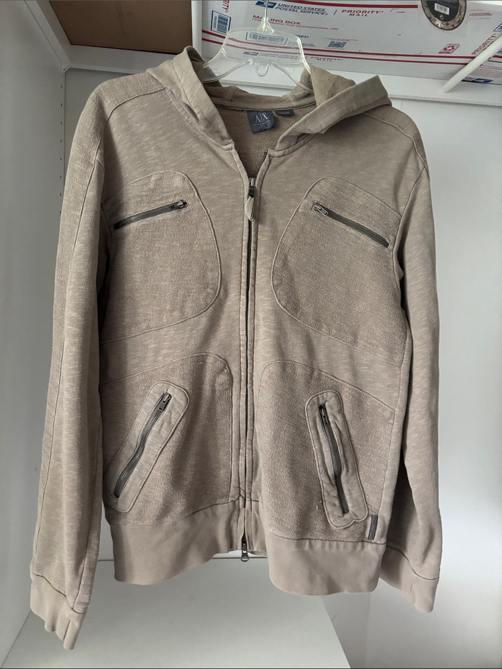 Armani Exchange Taupe Zip-Up Hooded Sweatshirt